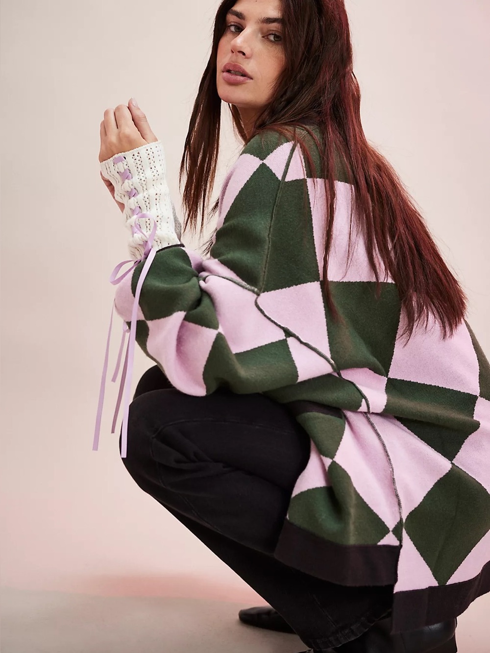 Free People We The Free Manny Green Pink Checkered Oversized Cardigan Sweater S